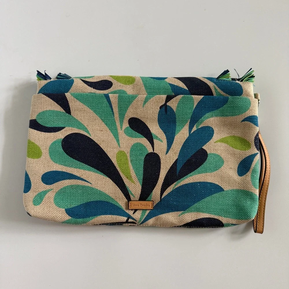 Vera Bradley Wristlet Clutch Blue Green Abstract Fringe Canvas Bag